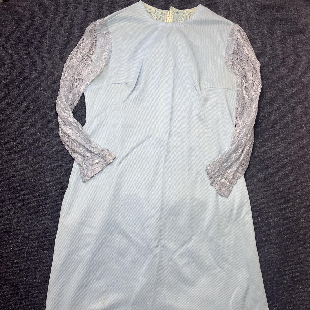 Vintage 60s 70s Blue Twill A-Line Dress Womens Knee Length Long‎ Sleeve Lace Zip
